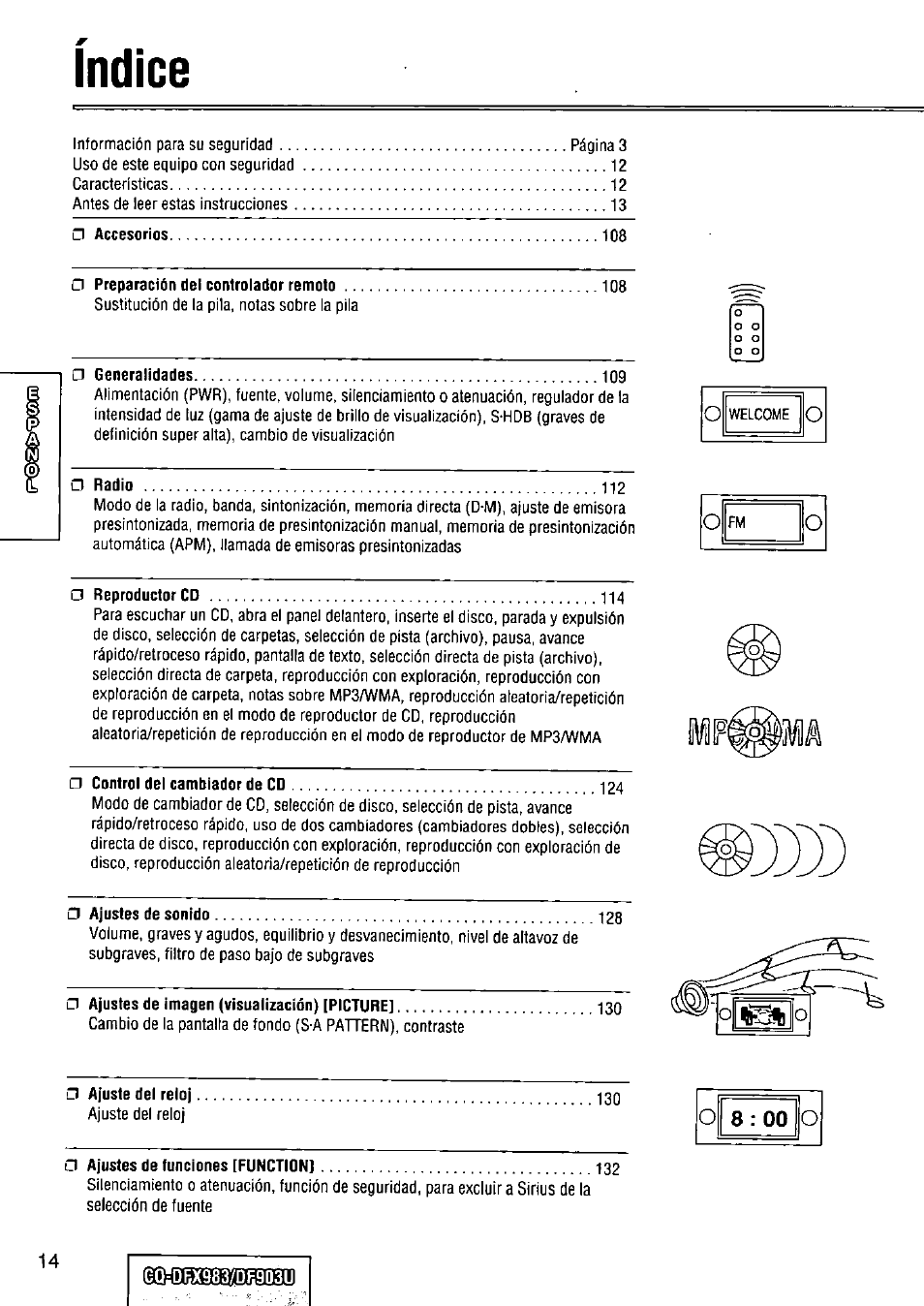 Indice | Panasonic Removable Full Front CD Player/Receiver with Dot Matrix and CD Changer Control CQ-DFX983U User Manual | Page 14 / 156