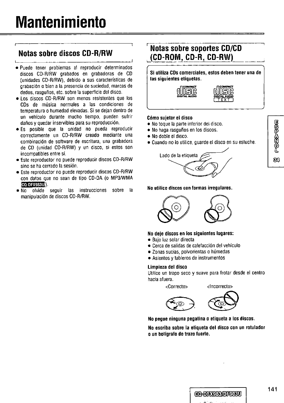 Mantenimiento, Notas sobre discos cd-r/rw, Notas sobre soportes cd/cd (cd-rom, cd-r, cd-rw) | A mantenimiento | Panasonic Removable Full Front CD Player/Receiver with Dot Matrix and CD Changer Control CQ-DFX983U User Manual | Page 141 / 156