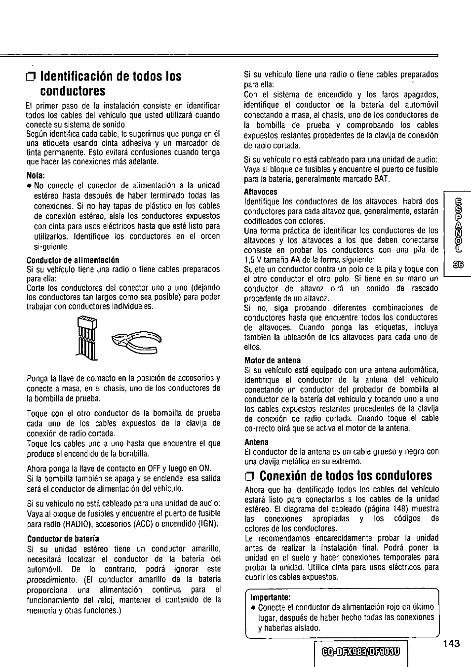 Identificación de todos los conductores, Nota, Conductor de batería | Altavoces, Motor de antena, Antena, Conexión de todos los condutores | Panasonic Removable Full Front CD Player/Receiver with Dot Matrix and CD Changer Control CQ-DFX983U User Manual | Page 143 / 156