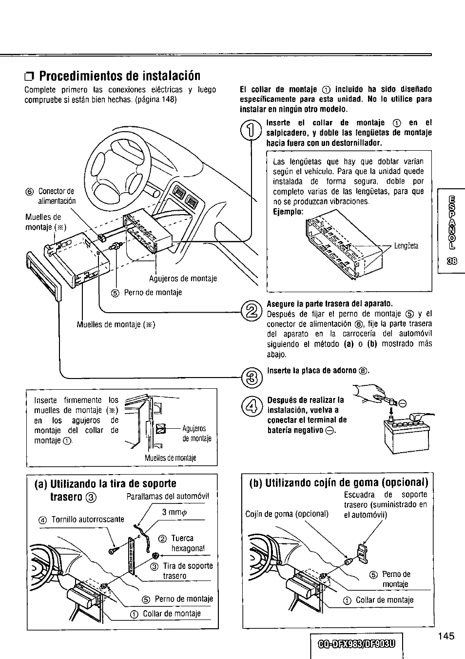 Procedimientos de instaiación | Panasonic Removable Full Front CD Player/Receiver with Dot Matrix and CD Changer Control CQ-DFX983U User Manual | Page 145 / 156