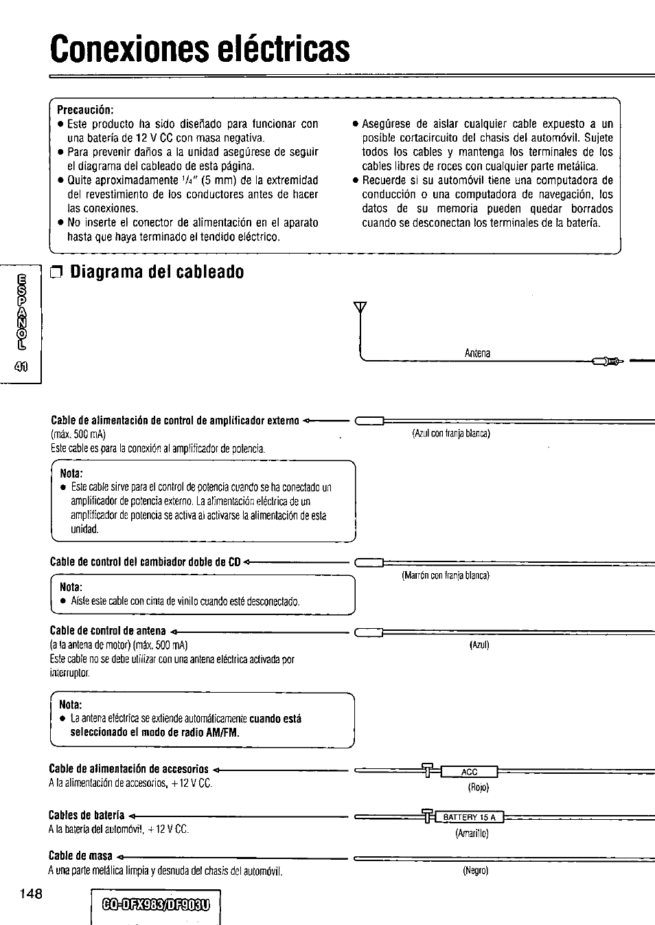 Conexiones eléctricas, Diagrama del cableado | Panasonic Removable Full Front CD Player/Receiver with Dot Matrix and CD Changer Control CQ-DFX983U User Manual | Page 148 / 156