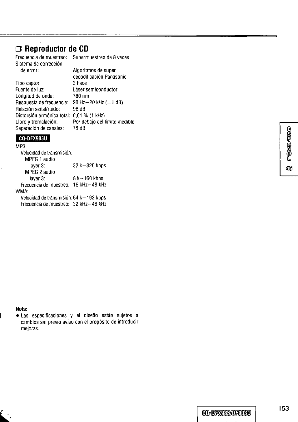 Reproductor de cd | Panasonic Removable Full Front CD Player/Receiver with Dot Matrix and CD Changer Control CQ-DFX983U User Manual | Page 153 / 156