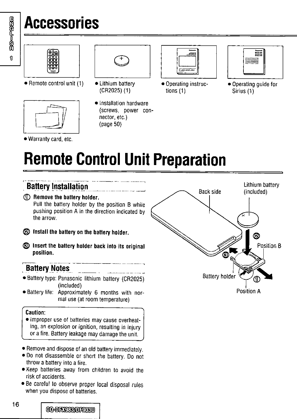 Accessories, Remote control unit preparation, Battery installatigli | 0 install the battery on the battery holder, Battery notes, Caution, О accessories | Panasonic Removable Full Front CD Player/Receiver with Dot Matrix and CD Changer Control CQ-DFX983U User Manual | Page 16 / 156