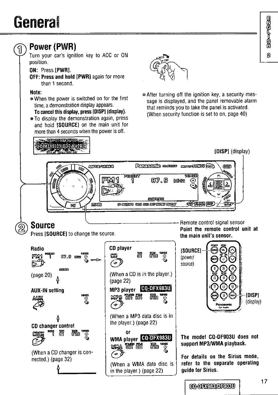 Genera, Power (pwr), Radio | Cd changer control, Cq-wx983u, Cqidbx9837drgd3u, G radio, Power/ source) | Panasonic Removable Full Front CD Player/Receiver with Dot Matrix and CD Changer Control CQ-DFX983U User Manual | Page 17 / 156