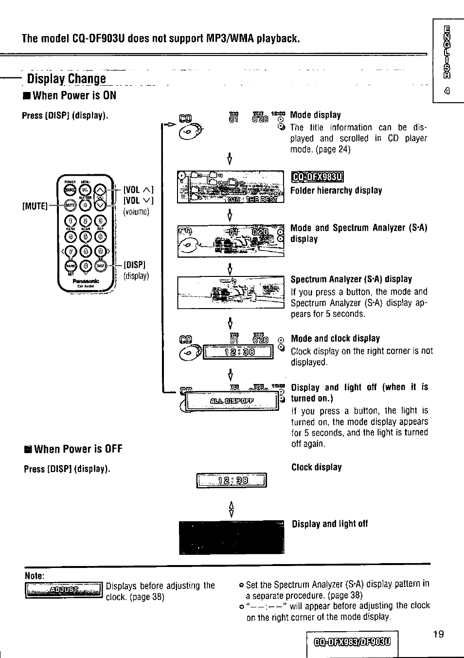 Display change, Press [disp] (display), Mode display | Spectrum analyzer (s*a) display, 0 mode and clock display, Display and light off (when it is ^ turned on.), Clock display, Note, C-qsdîîx9837df.9q3u | Panasonic Removable Full Front CD Player/Receiver with Dot Matrix and CD Changer Control CQ-DFX983U User Manual | Page 19 / 156