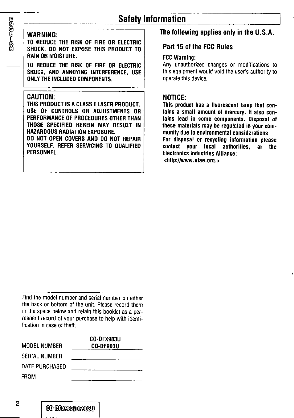 Safety information | Panasonic Removable Full Front CD Player/Receiver with Dot Matrix and CD Changer Control CQ-DFX983U User Manual | Page 2 / 156