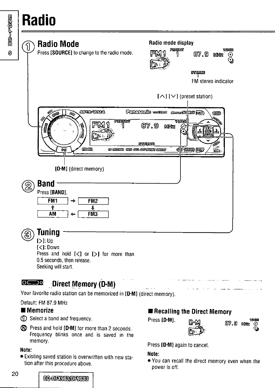 Direct memory (d‘|vi), Note | Panasonic Removable Full Front CD Player/Receiver with Dot Matrix and CD Changer Control CQ-DFX983U User Manual | Page 20 / 156