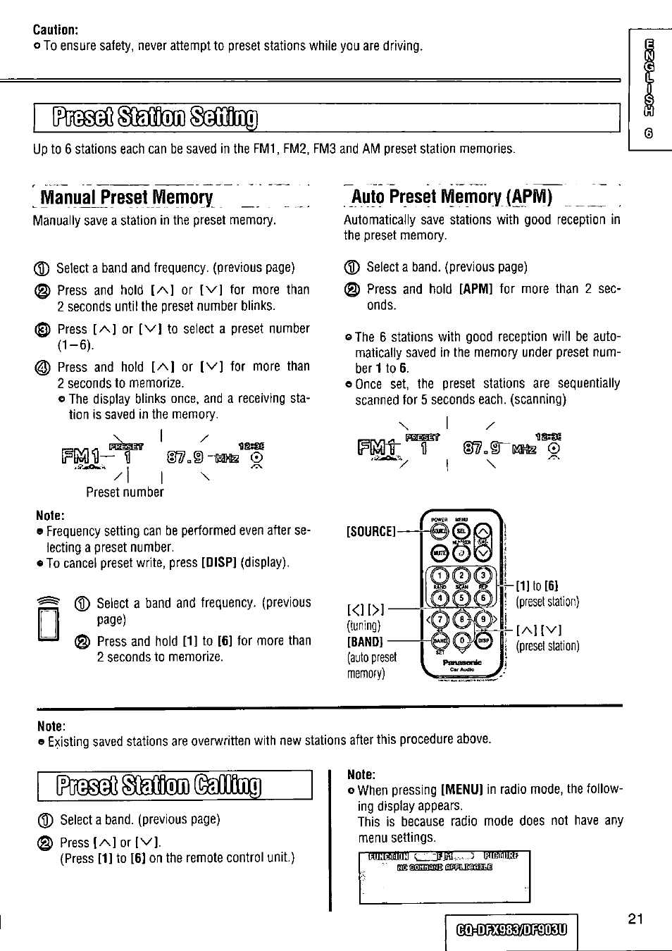 Caution, Manual preset memory, Note | Auto preset memory (arm), Йшвс, Aq апвм] boo | Panasonic Removable Full Front CD Player/Receiver with Dot Matrix and CD Changer Control CQ-DFX983U User Manual | Page 21 / 156