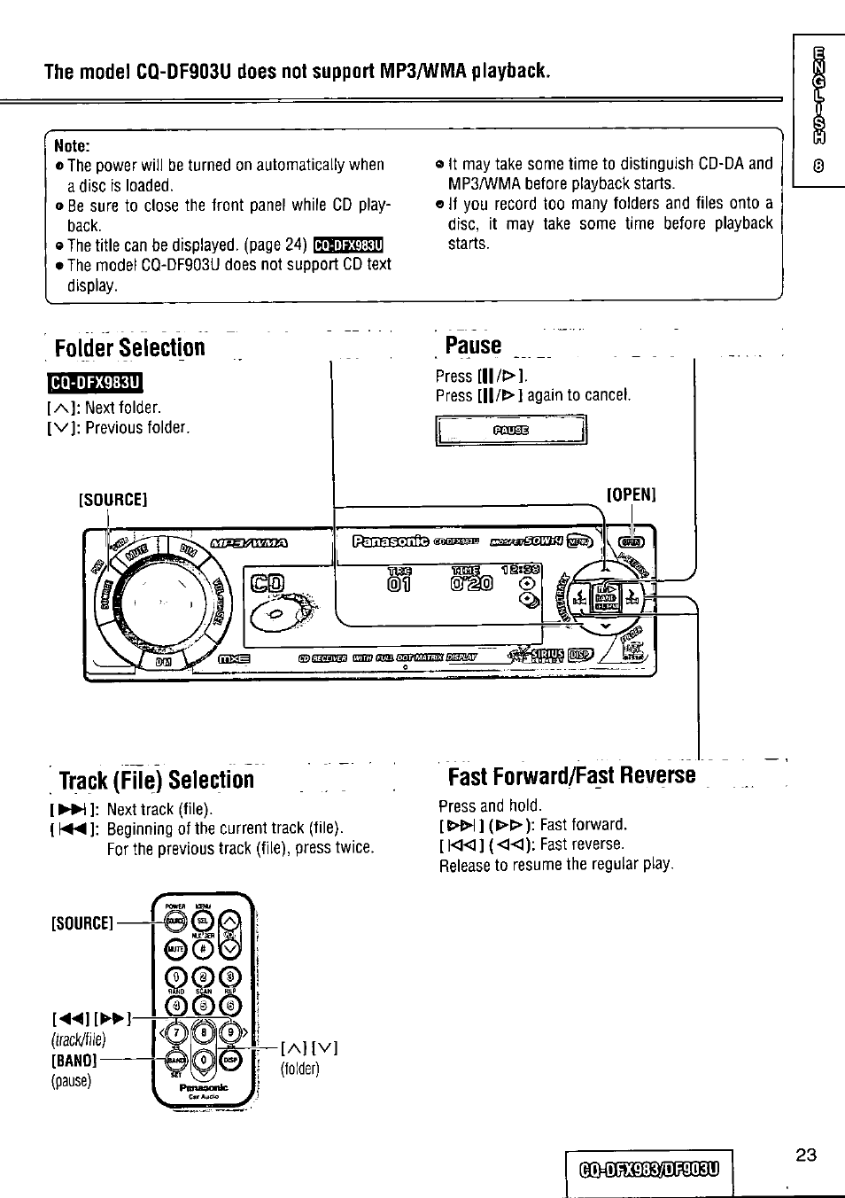 Note, Folder selection, Pause | Folder selection pause | Panasonic Removable Full Front CD Player/Receiver with Dot Matrix and CD Changer Control CQ-DFX983U User Manual | Page 23 / 156