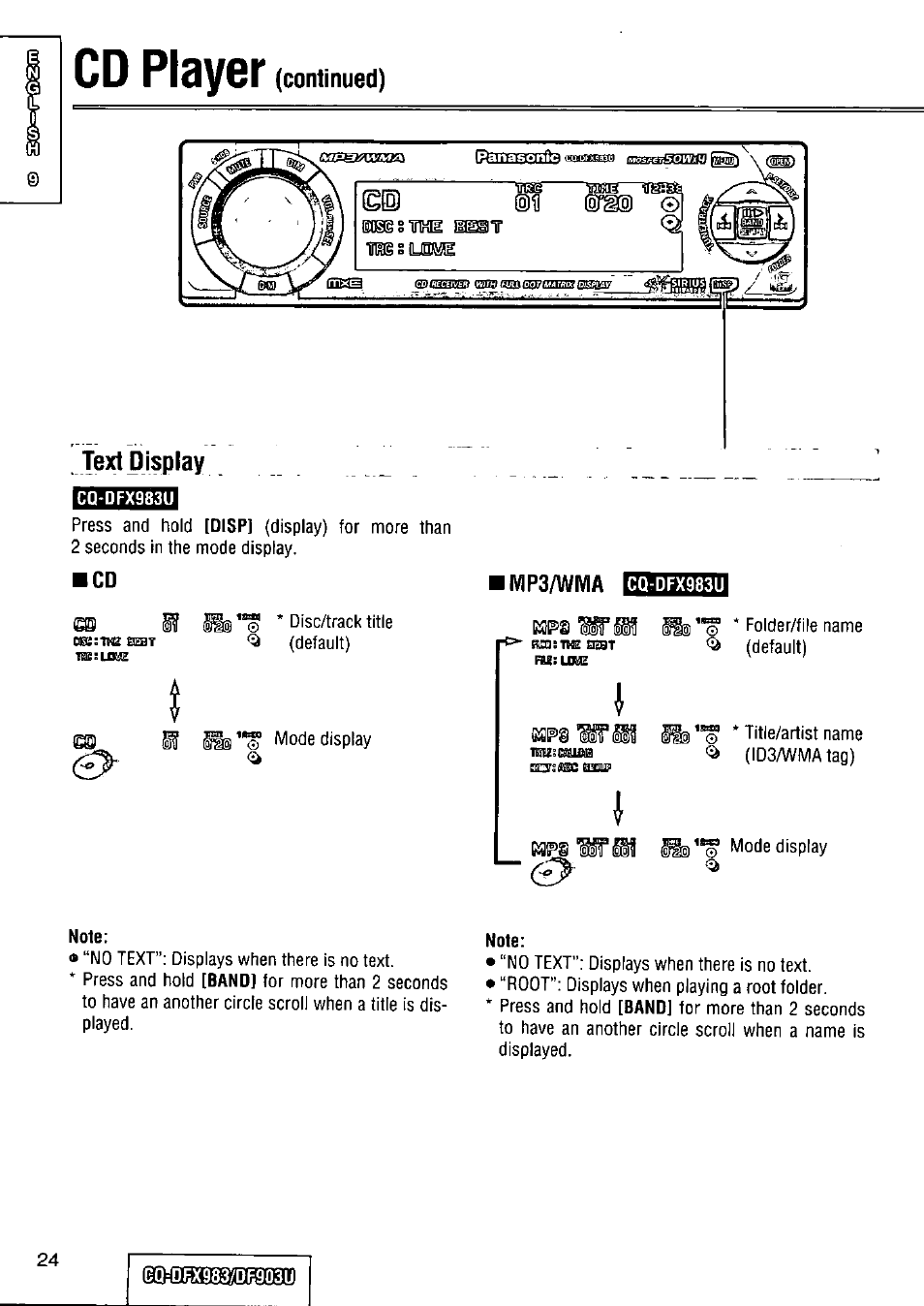 Text display, Cqdfx983u, Note | Cd player, Continued) | Panasonic Removable Full Front CD Player/Receiver with Dot Matrix and CD Changer Control CQ-DFX983U User Manual | Page 24 / 156