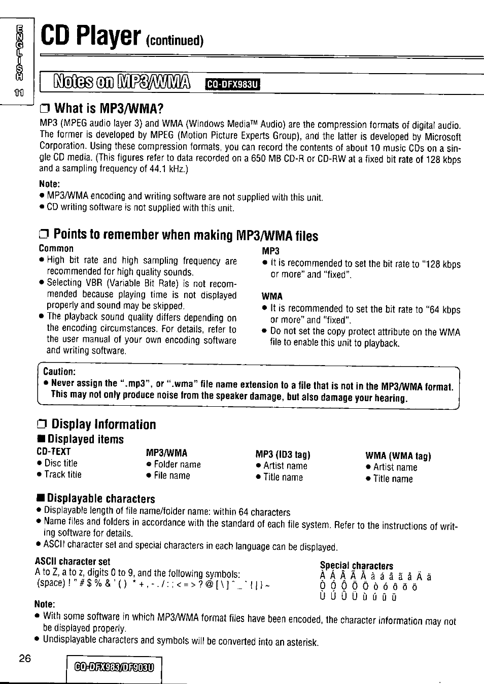 What is mp3/wivia, Note, Points to remember when making mp3/wma files | Caution, Display information, Cd-text mp3/wma, Ascii character set, Cd player, Continued) | Panasonic Removable Full Front CD Player/Receiver with Dot Matrix and CD Changer Control CQ-DFX983U User Manual | Page 26 / 156