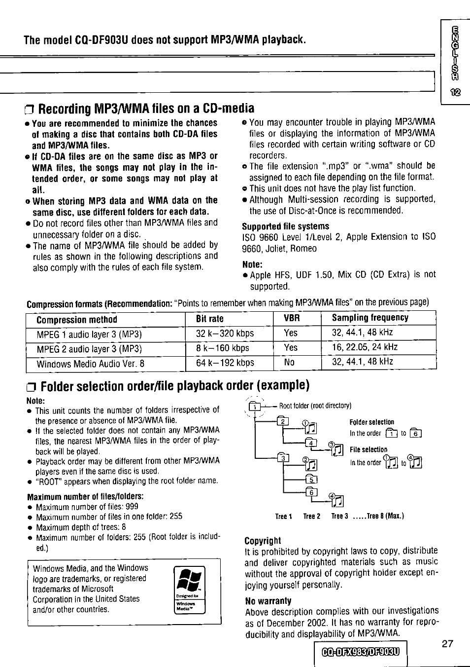 D recording mp3/wma files on a cd, Media, Note | Order (example), Copyright, Folder selection order/file playback, S] a | Panasonic Removable Full Front CD Player/Receiver with Dot Matrix and CD Changer Control CQ-DFX983U User Manual | Page 27 / 156