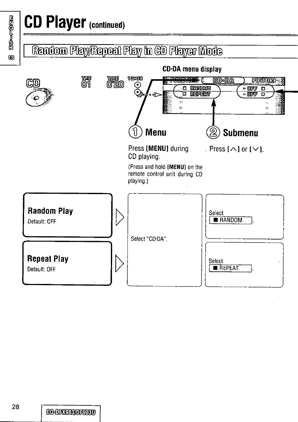 Dbx983/db903u, Cd pl3y6r, Random play | Repeat play | Panasonic Removable Full Front CD Player/Receiver with Dot Matrix and CD Changer Control CQ-DFX983U User Manual | Page 28 / 156