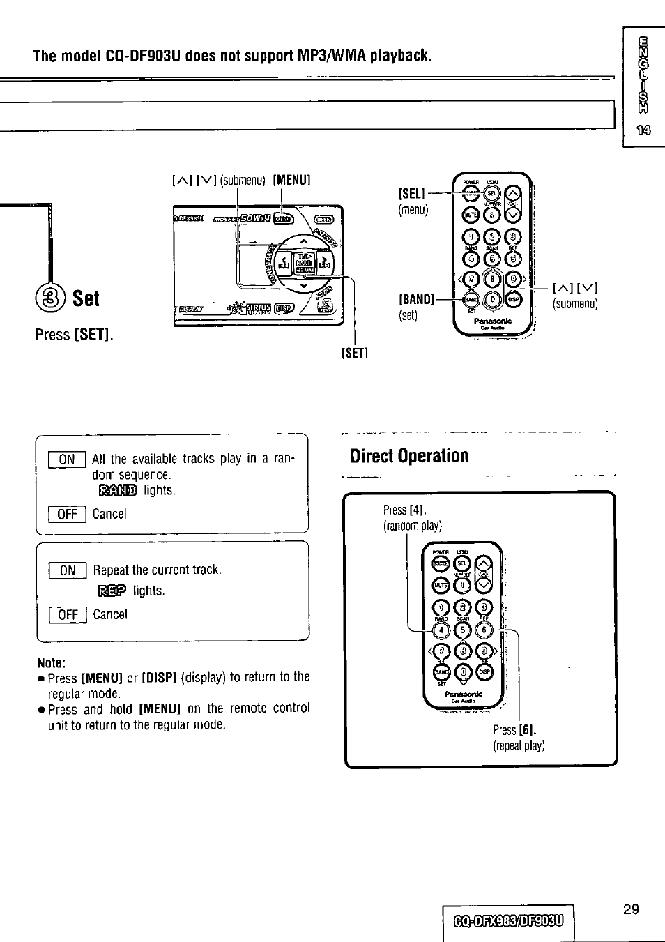 Note, Direct operation | Panasonic Removable Full Front CD Player/Receiver with Dot Matrix and CD Changer Control CQ-DFX983U User Manual | Page 29 / 156