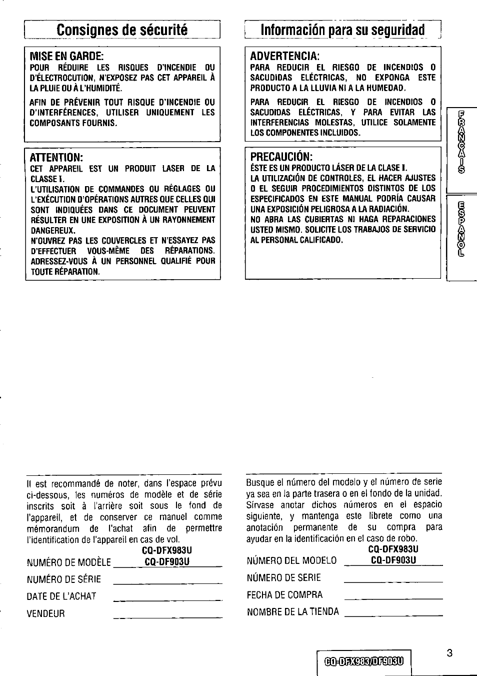 I información para su seguridad, Mise en garde | Panasonic Removable Full Front CD Player/Receiver with Dot Matrix and CD Changer Control CQ-DFX983U User Manual | Page 3 / 156