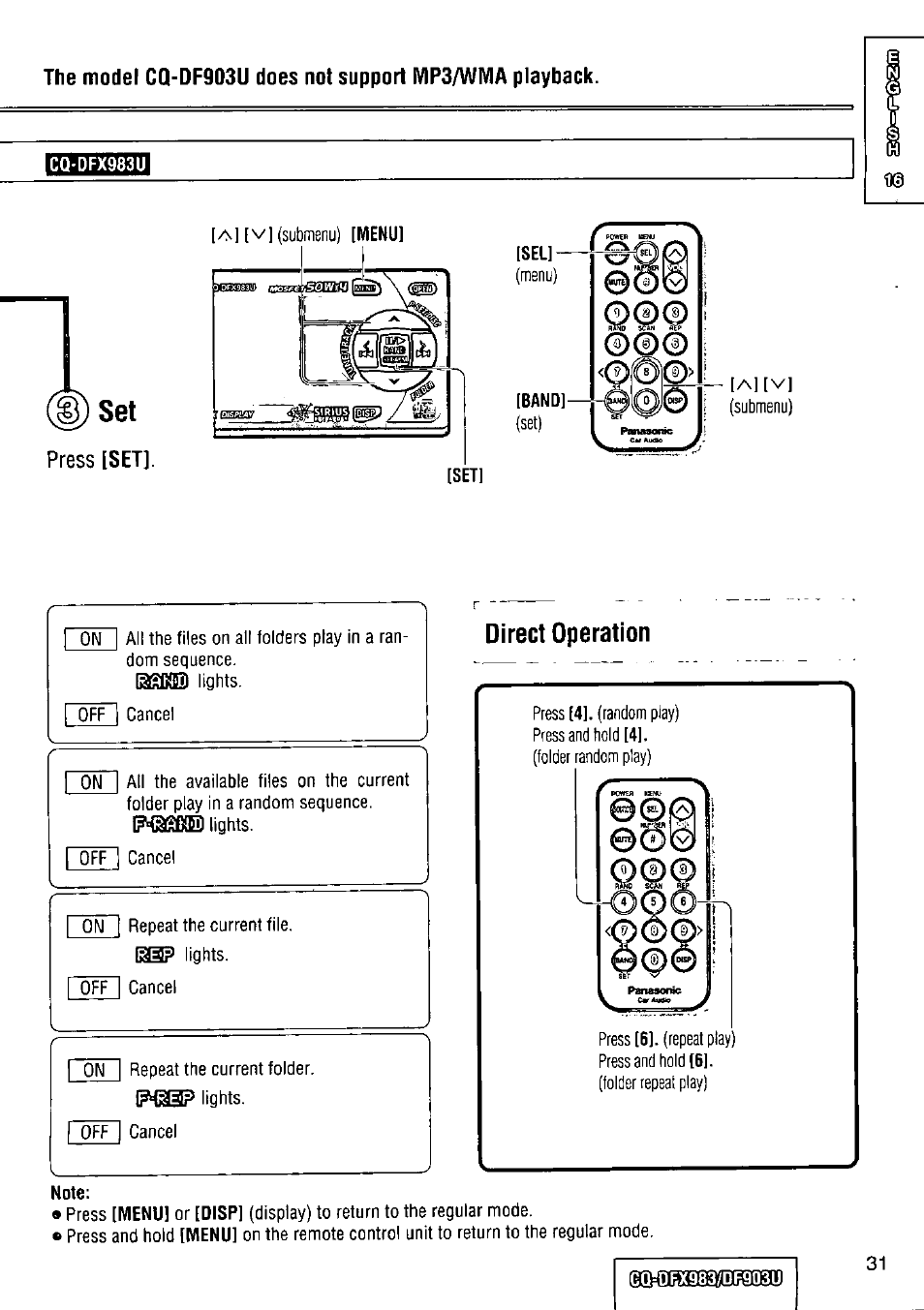 Cq-dfx983u, Direct operation, Note | Press [set | Panasonic Removable Full Front CD Player/Receiver with Dot Matrix and CD Changer Control CQ-DFX983U User Manual | Page 31 / 156