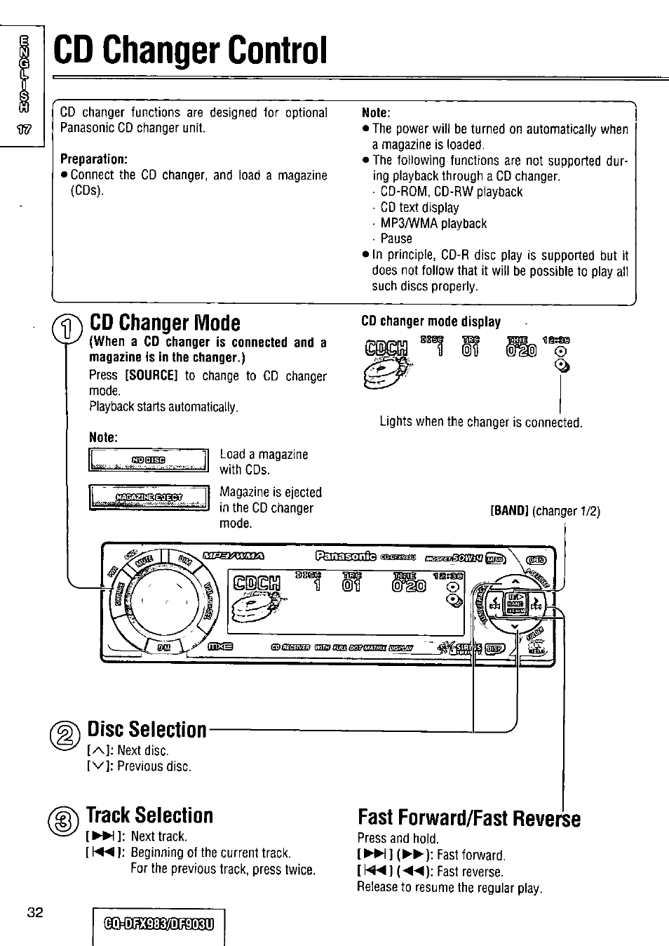 Cd changer control, Cd changer mode, Disc selection | Track selection, Fast forward/fast reverse | Panasonic Removable Full Front CD Player/Receiver with Dot Matrix and CD Changer Control CQ-DFX983U User Manual | Page 32 / 156