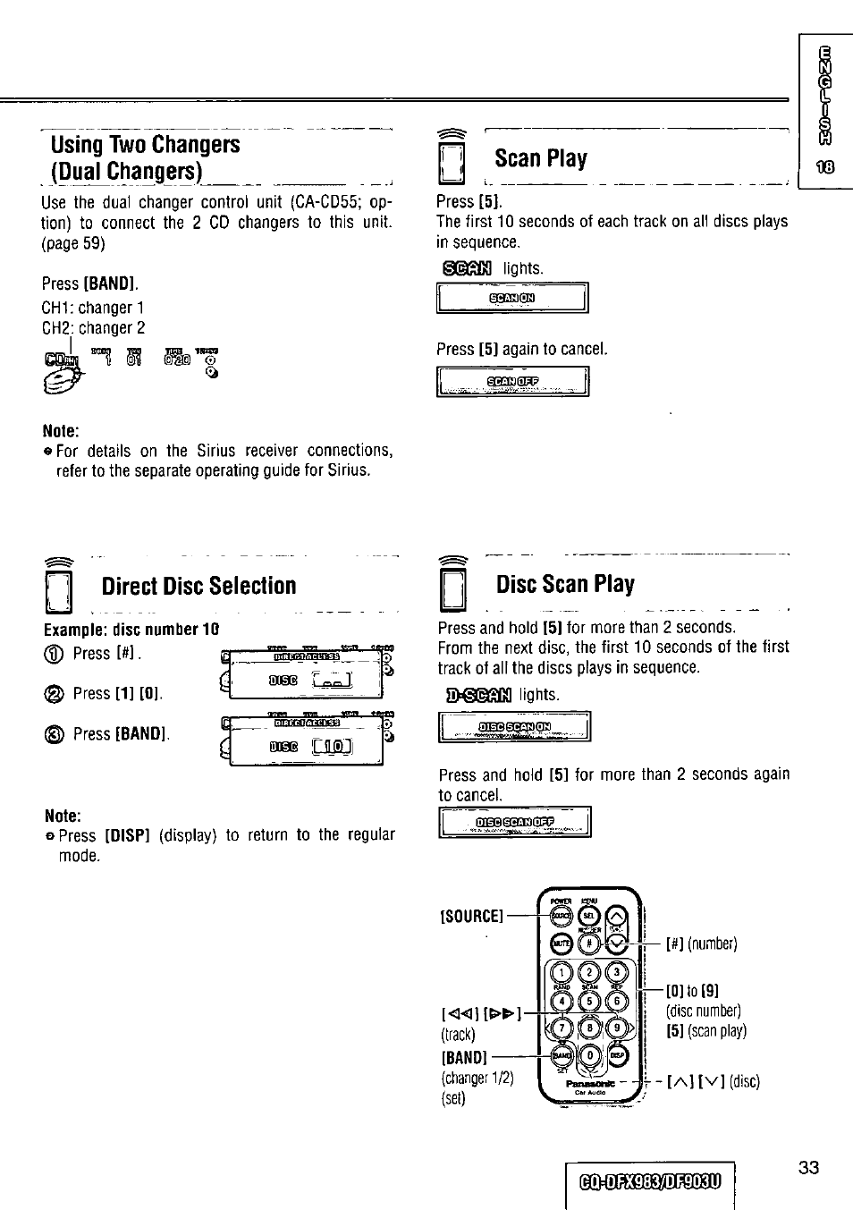 Using two changers, Dual changers), Scan play | Note, Direct disc selection, Example: disc number 10, J disc scan play, Using two changers (dual changers) | Panasonic Removable Full Front CD Player/Receiver with Dot Matrix and CD Changer Control CQ-DFX983U User Manual | Page 33 / 156