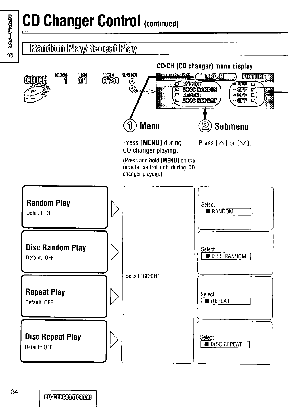 Submenu, Cd changer control, T]) menu | Panasonic Removable Full Front CD Player/Receiver with Dot Matrix and CD Changer Control CQ-DFX983U User Manual | Page 34 / 156