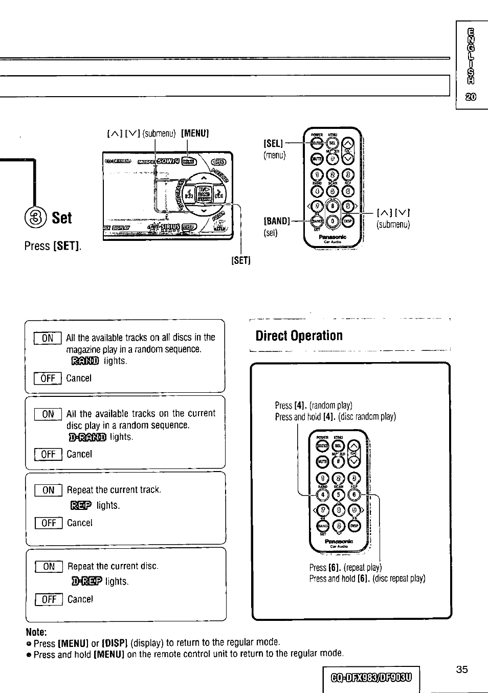 Direct operation, Note | Panasonic Removable Full Front CD Player/Receiver with Dot Matrix and CD Changer Control CQ-DFX983U User Manual | Page 35 / 156