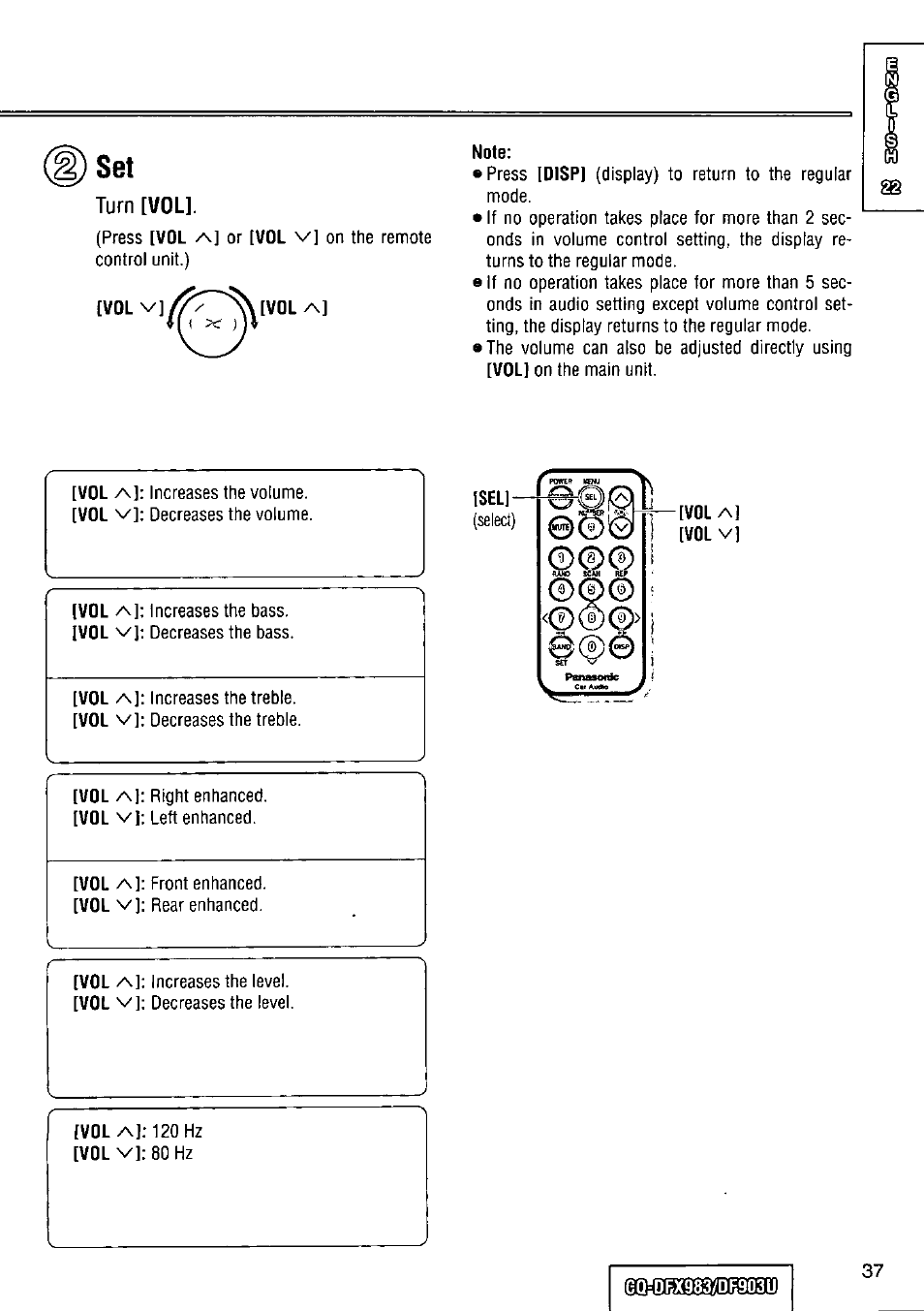 Note, Turn [vol | Panasonic Removable Full Front CD Player/Receiver with Dot Matrix and CD Changer Control CQ-DFX983U User Manual | Page 37 / 156