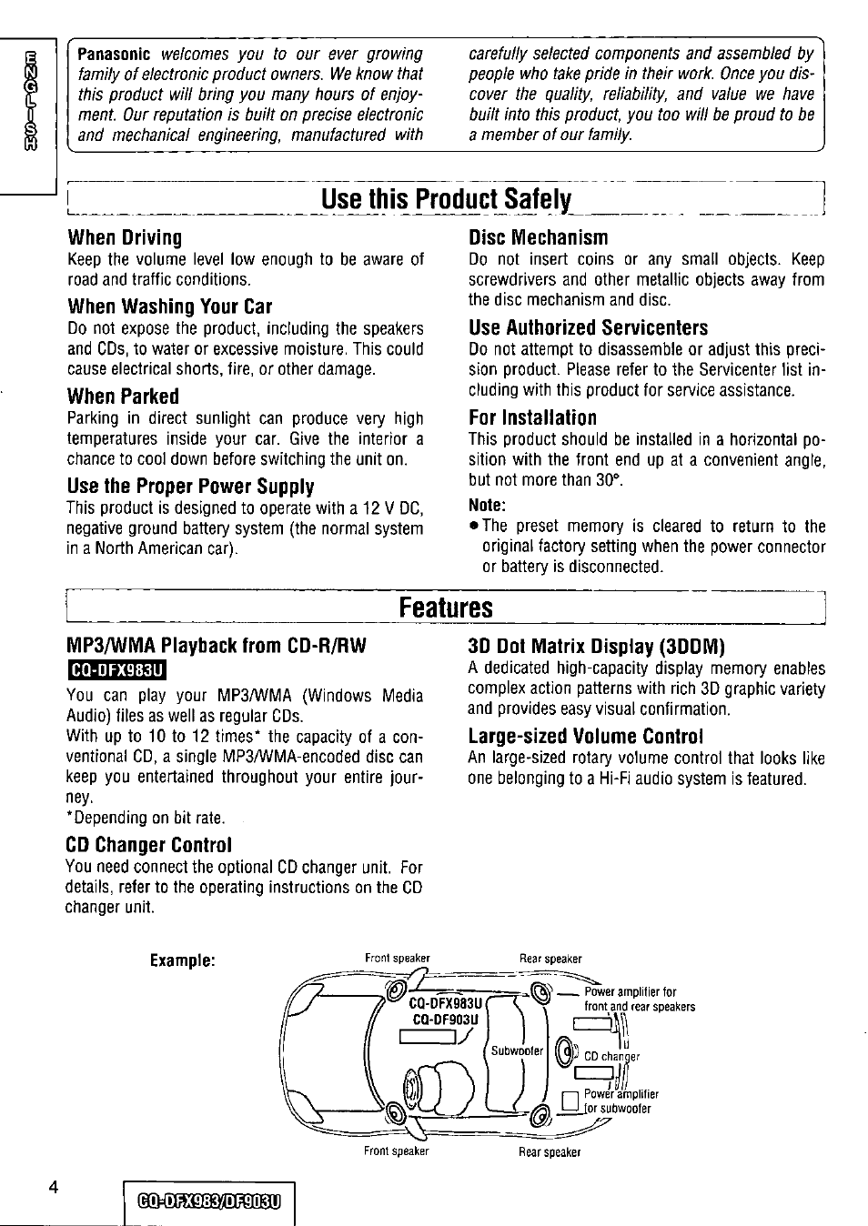 Use this product safely, Features | Panasonic Removable Full Front CD Player/Receiver with Dot Matrix and CD Changer Control CQ-DFX983U User Manual | Page 4 / 156