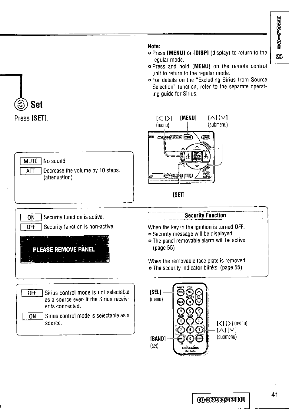 Note, Gqid5x9837dm03u, Press [set | Panasonic Removable Full Front CD Player/Receiver with Dot Matrix and CD Changer Control CQ-DFX983U User Manual | Page 41 / 156