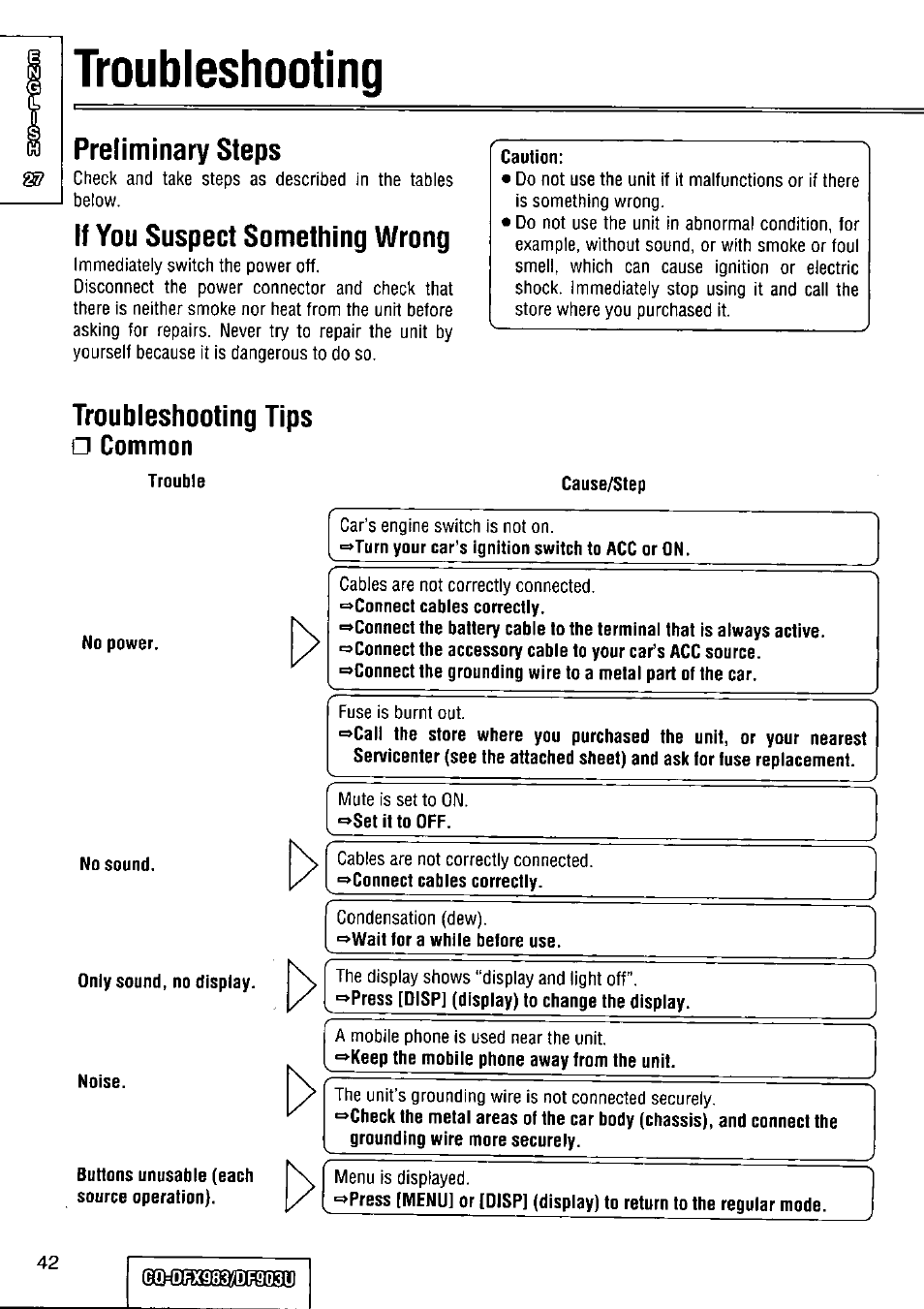 Preliminary steps, If you suspect something wrong, Troubleshooting tips | Common, Troubleshooting | Panasonic Removable Full Front CD Player/Receiver with Dot Matrix and CD Changer Control CQ-DFX983U User Manual | Page 42 / 156