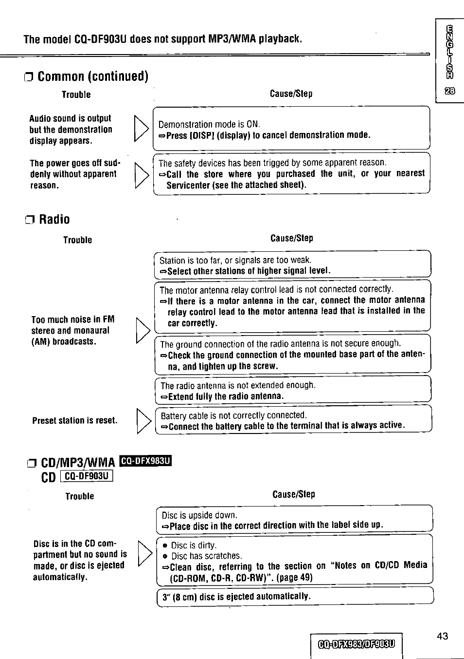 Common (continued), Radio, Cd/ivip3/wiv1a cd | Panasonic Removable Full Front CD Player/Receiver with Dot Matrix and CD Changer Control CQ-DFX983U User Manual | Page 43 / 156