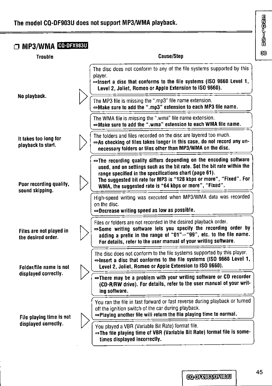 Mp3/wma | Panasonic Removable Full Front CD Player/Receiver with Dot Matrix and CD Changer Control CQ-DFX983U User Manual | Page 45 / 156