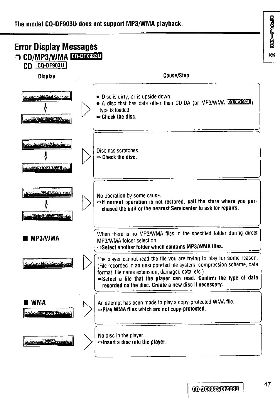 Error display messages, Cd/mp3/wivia, Cd/mp3/wivia cd | Cq-df903u i | Panasonic Removable Full Front CD Player/Receiver with Dot Matrix and CD Changer Control CQ-DFX983U User Manual | Page 47 / 156