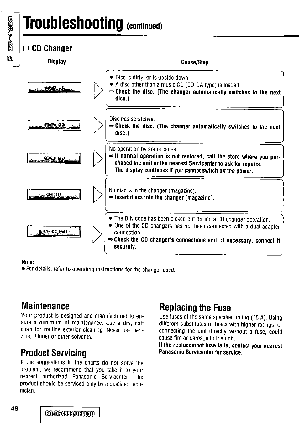 Cd changer, Display, Cause/step | Note, Maintenance, Product servicing, Replacing the fuse, Troubleshooting | Panasonic Removable Full Front CD Player/Receiver with Dot Matrix and CD Changer Control CQ-DFX983U User Manual | Page 48 / 156