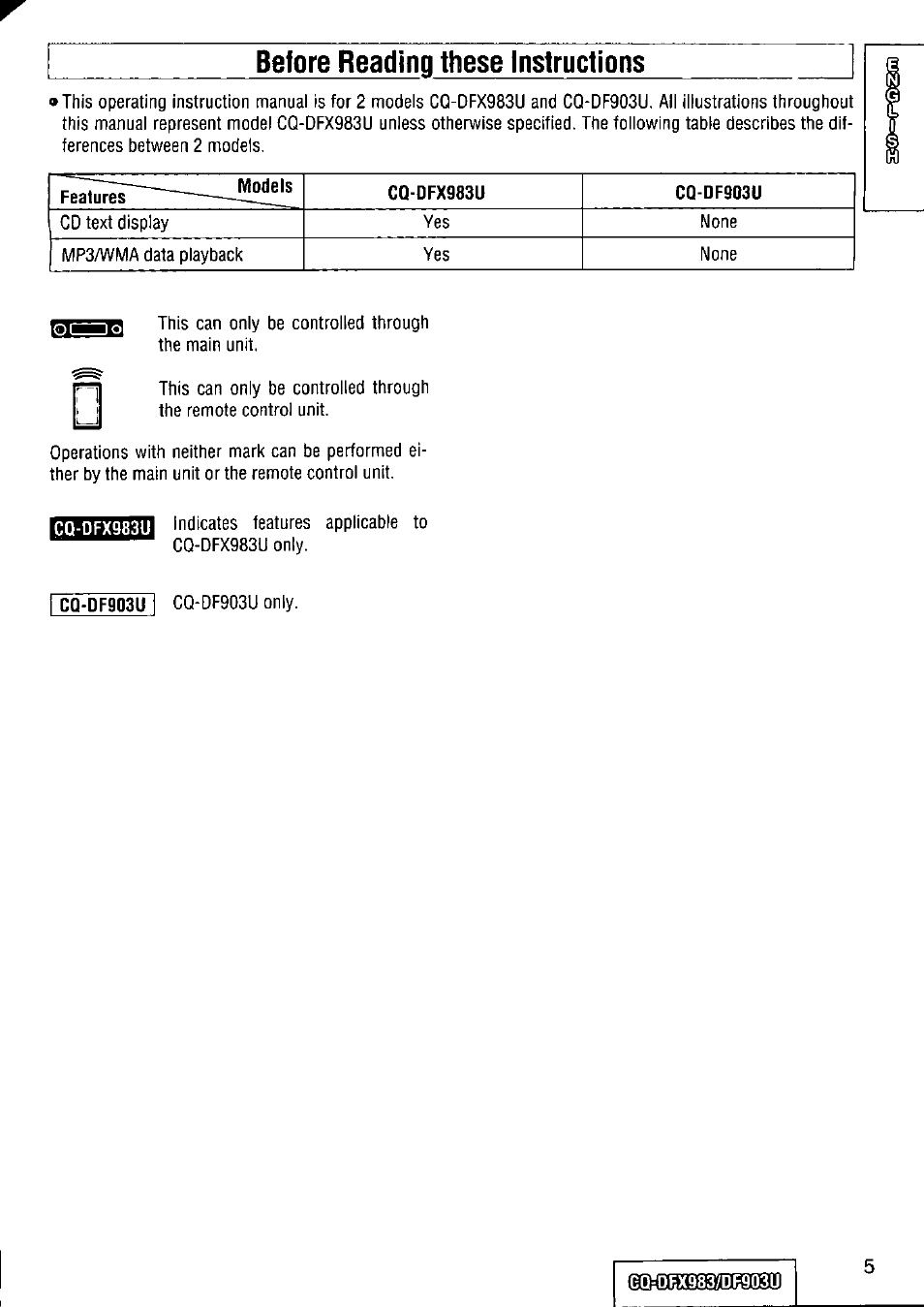 Before reading these instructions | Panasonic Removable Full Front CD Player/Receiver with Dot Matrix and CD Changer Control CQ-DFX983U User Manual | Page 5 / 156