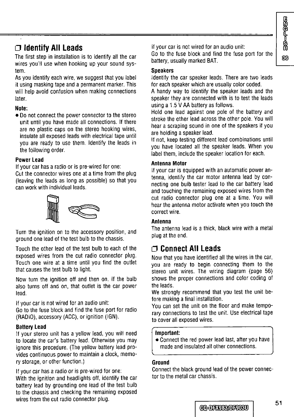 Identify all leads, Note, Power lead | Antenna motor, Antenna, Connect all leads, Ground | Panasonic Removable Full Front CD Player/Receiver with Dot Matrix and CD Changer Control CQ-DFX983U User Manual | Page 51 / 156