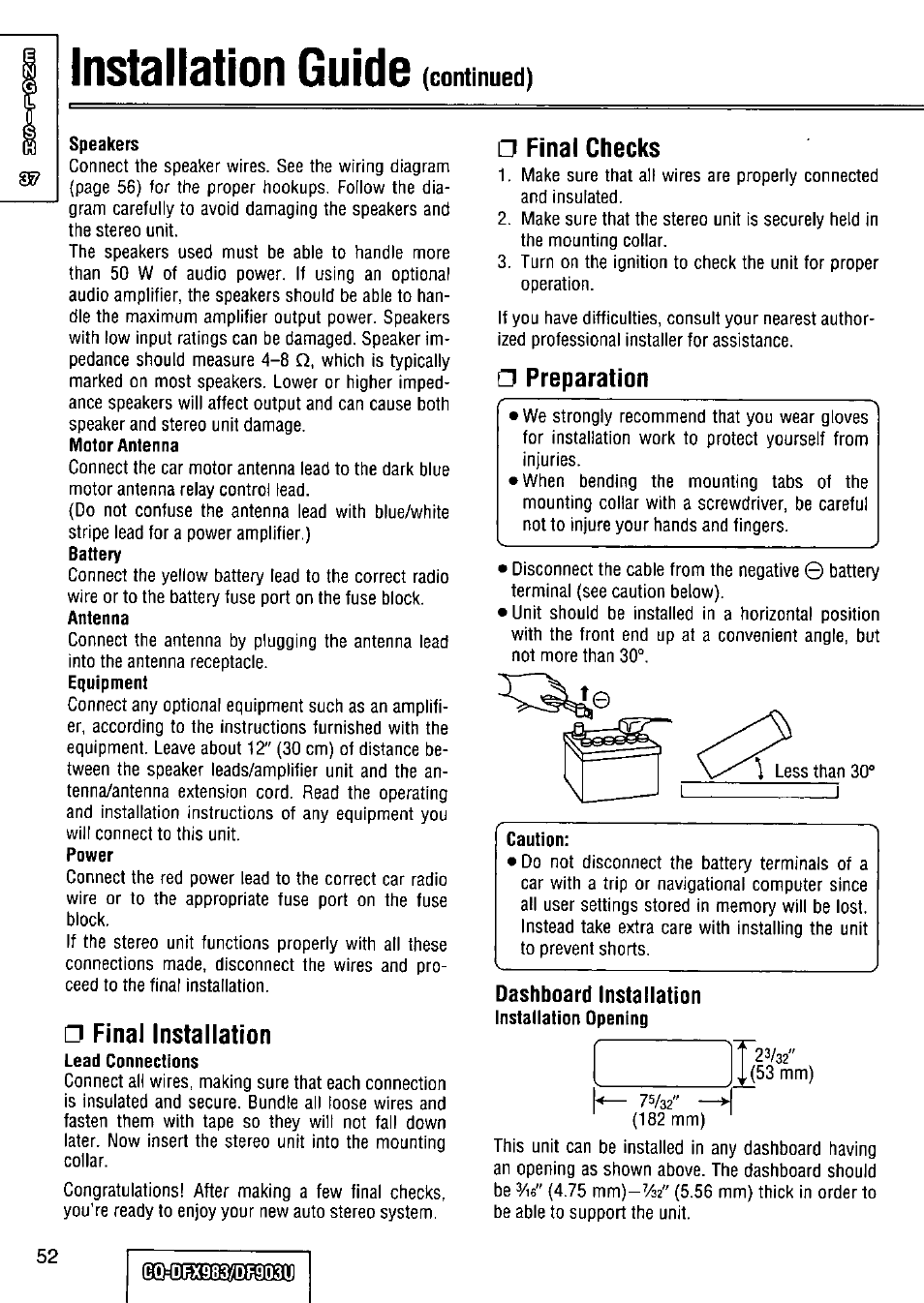 Speakers, Final installation, Final checks | Preparation, Gq;drx9837df.9d3u, Installation guide, Continued), Dashboard installation | Panasonic Removable Full Front CD Player/Receiver with Dot Matrix and CD Changer Control CQ-DFX983U User Manual | Page 52 / 156