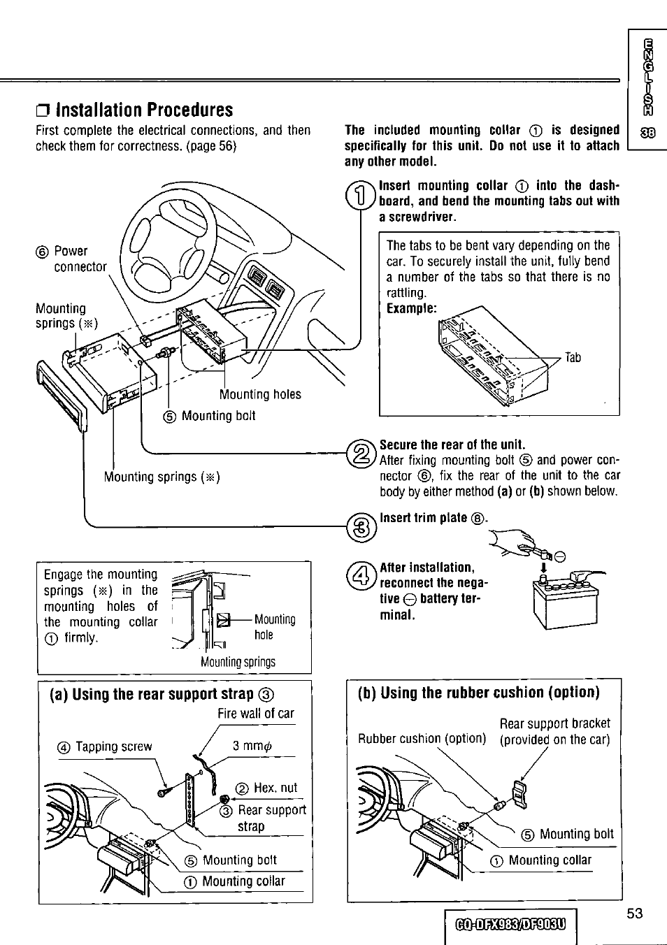 Installation procedures, Secure the rear of the unit, Insert trim plate | A) using the rear support strap, B) using the rubber cushion (option) | Panasonic Removable Full Front CD Player/Receiver with Dot Matrix and CD Changer Control CQ-DFX983U User Manual | Page 53 / 156