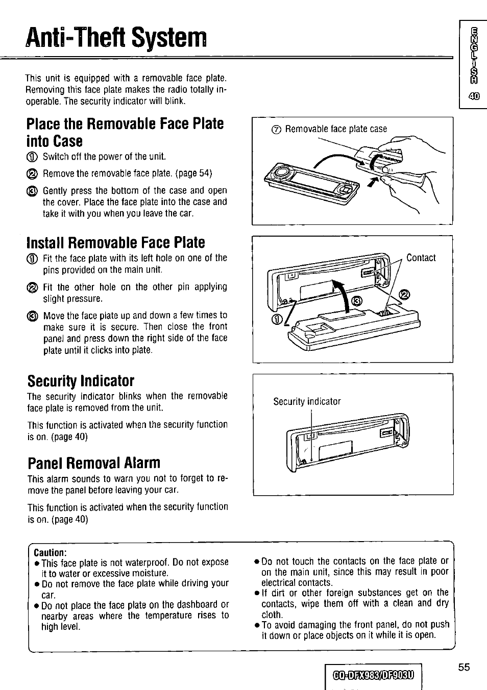 Anti-theft system, Place the removable face plate into case, Install removable face plate | Security indicator, Panel removal alarm, Caution | Panasonic Removable Full Front CD Player/Receiver with Dot Matrix and CD Changer Control CQ-DFX983U User Manual | Page 55 / 156