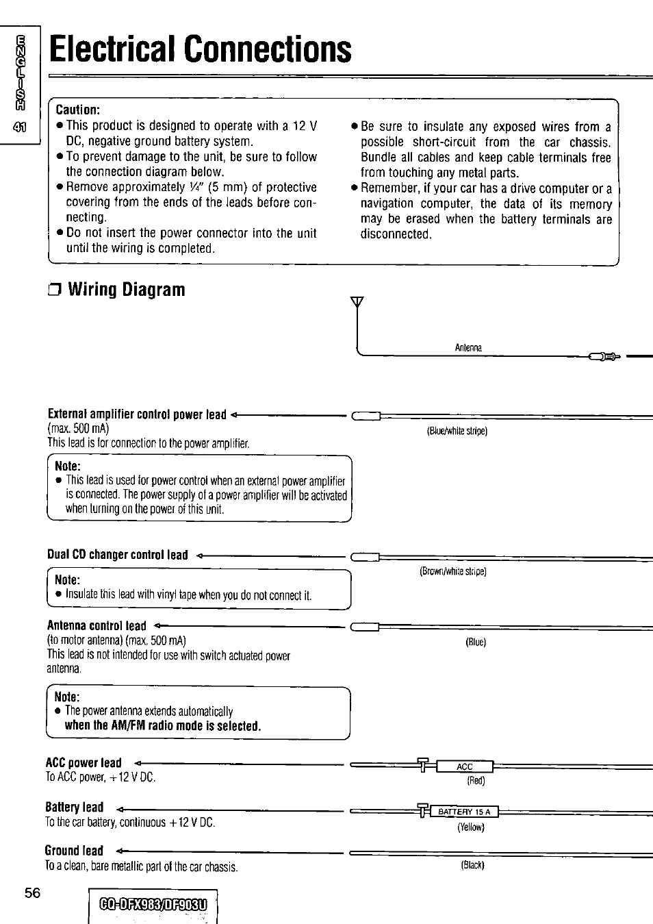 Electrical connections, Caution, Wiring diagram | External amplifier control power lead, Note, Dual co changer control lead, Antenna control lead, Acc power lead, Battery lead, Ground lead | Panasonic Removable Full Front CD Player/Receiver with Dot Matrix and CD Changer Control CQ-DFX983U User Manual | Page 56 / 156