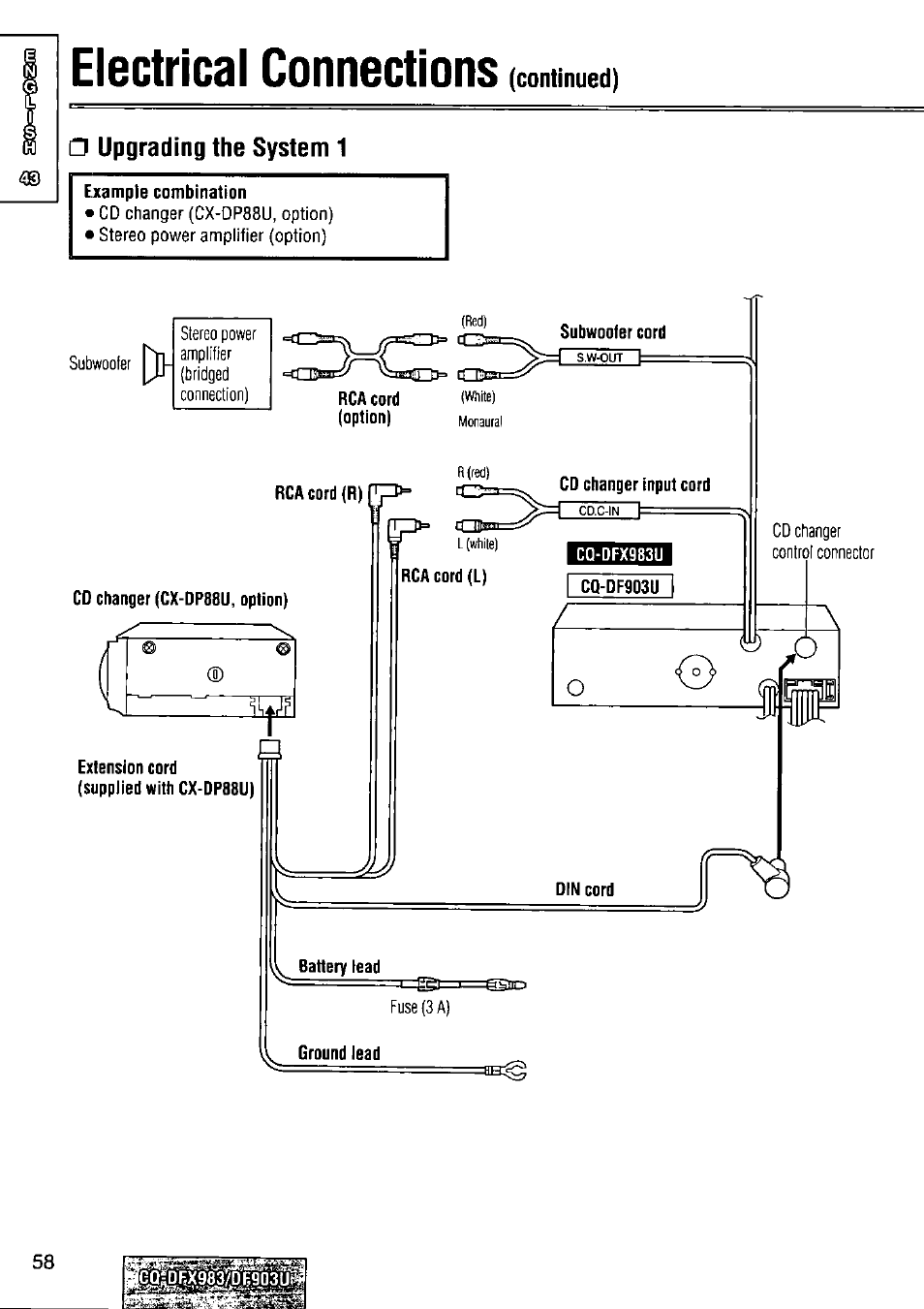 Electrical connections, Upgrading the system 1 | Panasonic Removable Full Front CD Player/Receiver with Dot Matrix and CD Changer Control CQ-DFX983U User Manual | Page 58 / 156