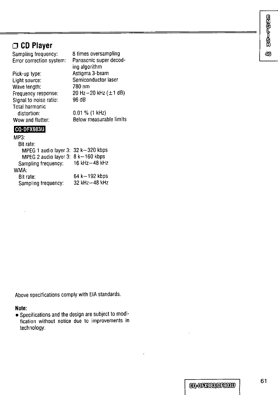 Cd player, Cq-dfx983u | Panasonic Removable Full Front CD Player/Receiver with Dot Matrix and CD Changer Control CQ-DFX983U User Manual | Page 61 / 156