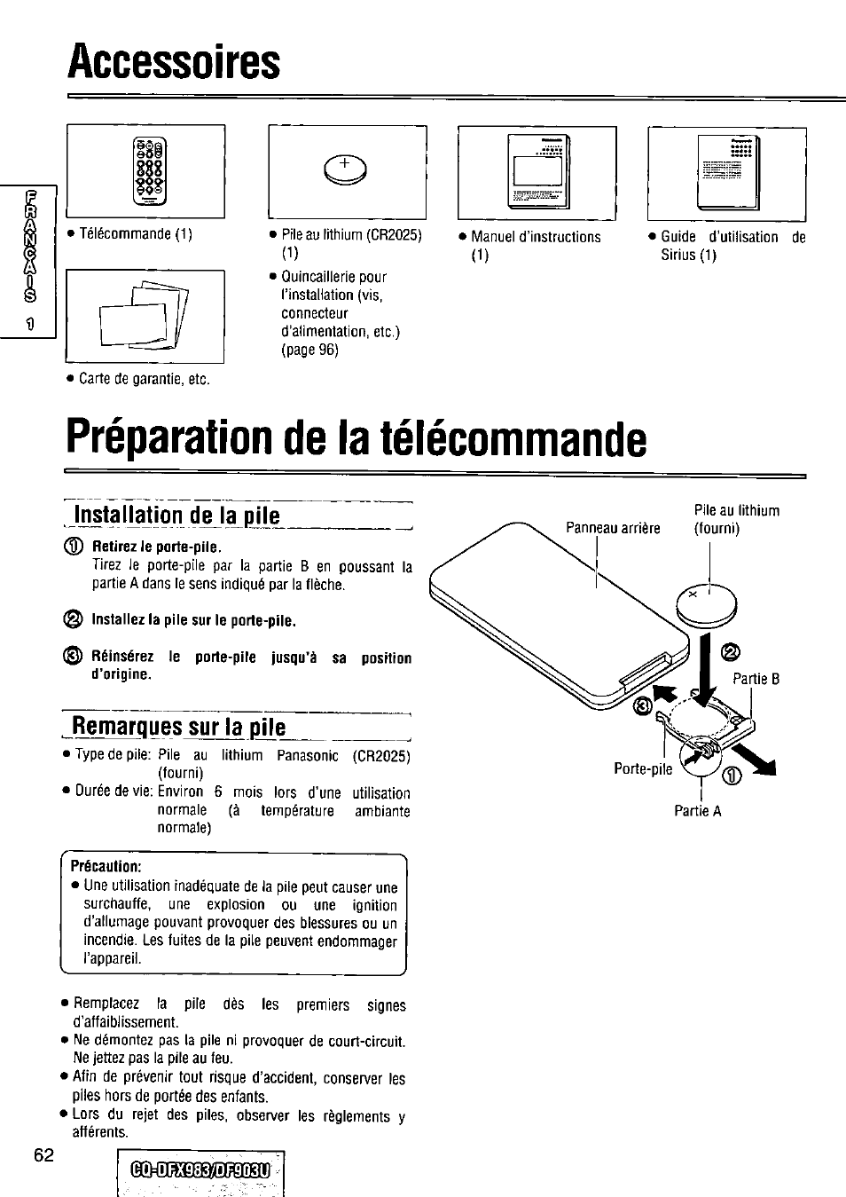 Accessoires, Préparation de la télécommande, Installation de la pile | 0 installez la pile sur le porte-pile, Remarques sur la pile, Précaution, Préparation de la téiécommande | Panasonic Removable Full Front CD Player/Receiver with Dot Matrix and CD Changer Control CQ-DFX983U User Manual | Page 62 / 156