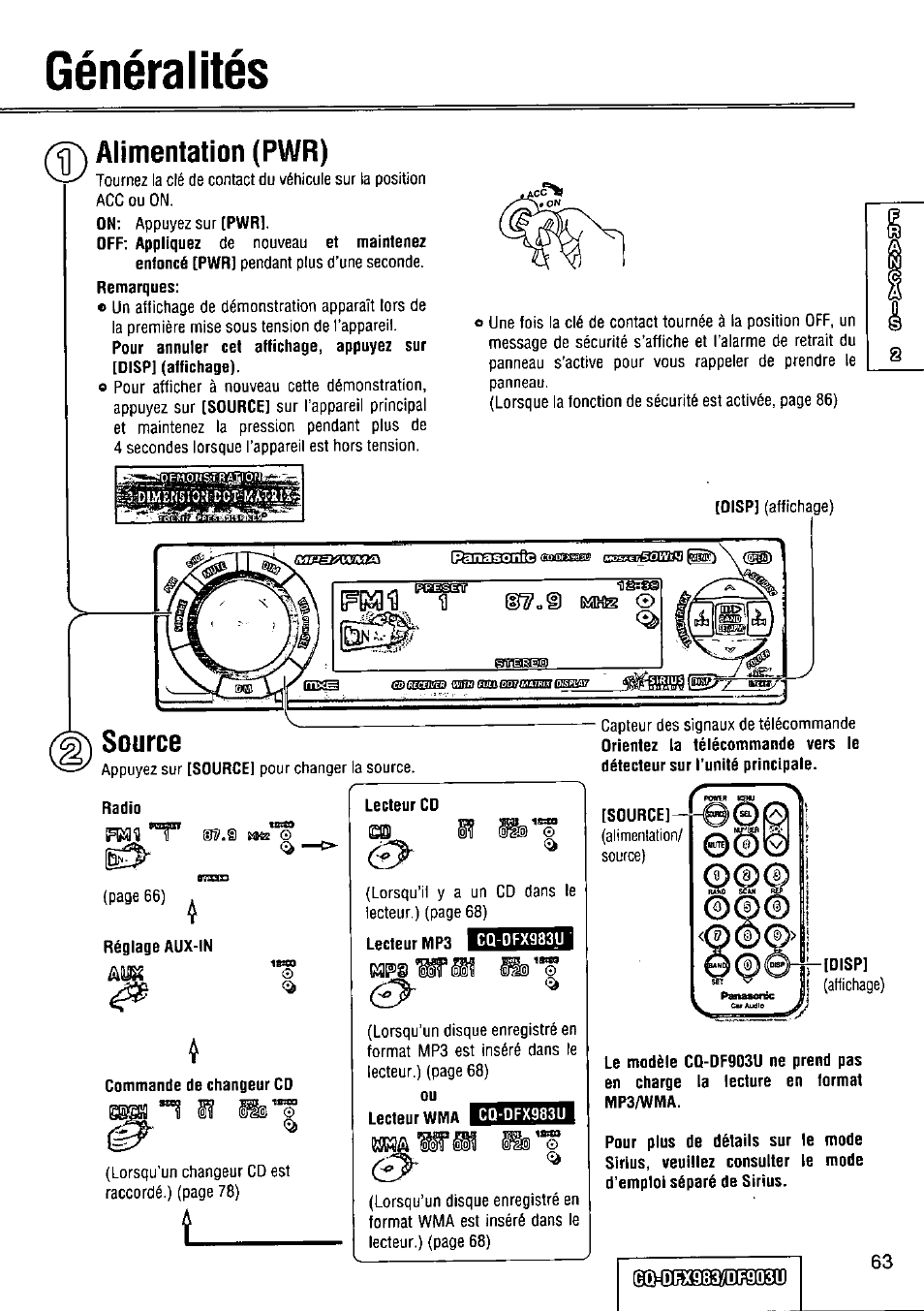 Généralités, Radio, Réglage aux-in | Commande de changeur cd, Lecteur cd, Lecteur mp3, Cq-dfx983u, Source, Alimentation (pwr), Alimentation/ source) | Panasonic Removable Full Front CD Player/Receiver with Dot Matrix and CD Changer Control CQ-DFX983U User Manual | Page 63 / 156