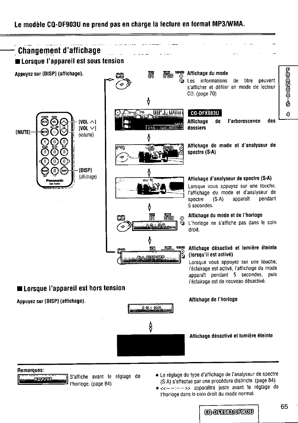 Affichage de l’arborescence des dossiers, Appuyez sur [disp] (affichage), Affichage d’analyseur de spectre (s*a) | Affichage de l’horloge, Dfix9837dr9q3u, Lorsque tappareil est hors tension | Panasonic Removable Full Front CD Player/Receiver with Dot Matrix and CD Changer Control CQ-DFX983U User Manual | Page 65 / 156