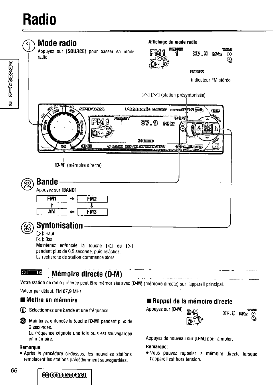 Radio, Mode radio, Aflichage du mode radio | Bande, Syntonisation, Mémoire directe (d-ivi) | Panasonic Removable Full Front CD Player/Receiver with Dot Matrix and CD Changer Control CQ-DFX983U User Manual | Page 66 / 156