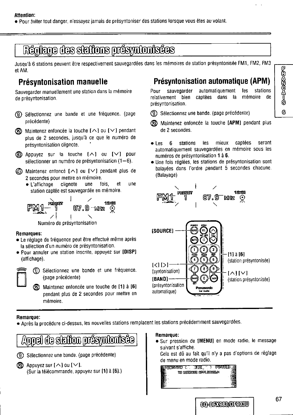 Présyntonisation manuelie, Présyntonisation automatique (арм), Syntonisation) | Présyntonisation automatique), Station présyntonisée), I (station présyntonisée) | Panasonic Removable Full Front CD Player/Receiver with Dot Matrix and CD Changer Control CQ-DFX983U User Manual | Page 67 / 156