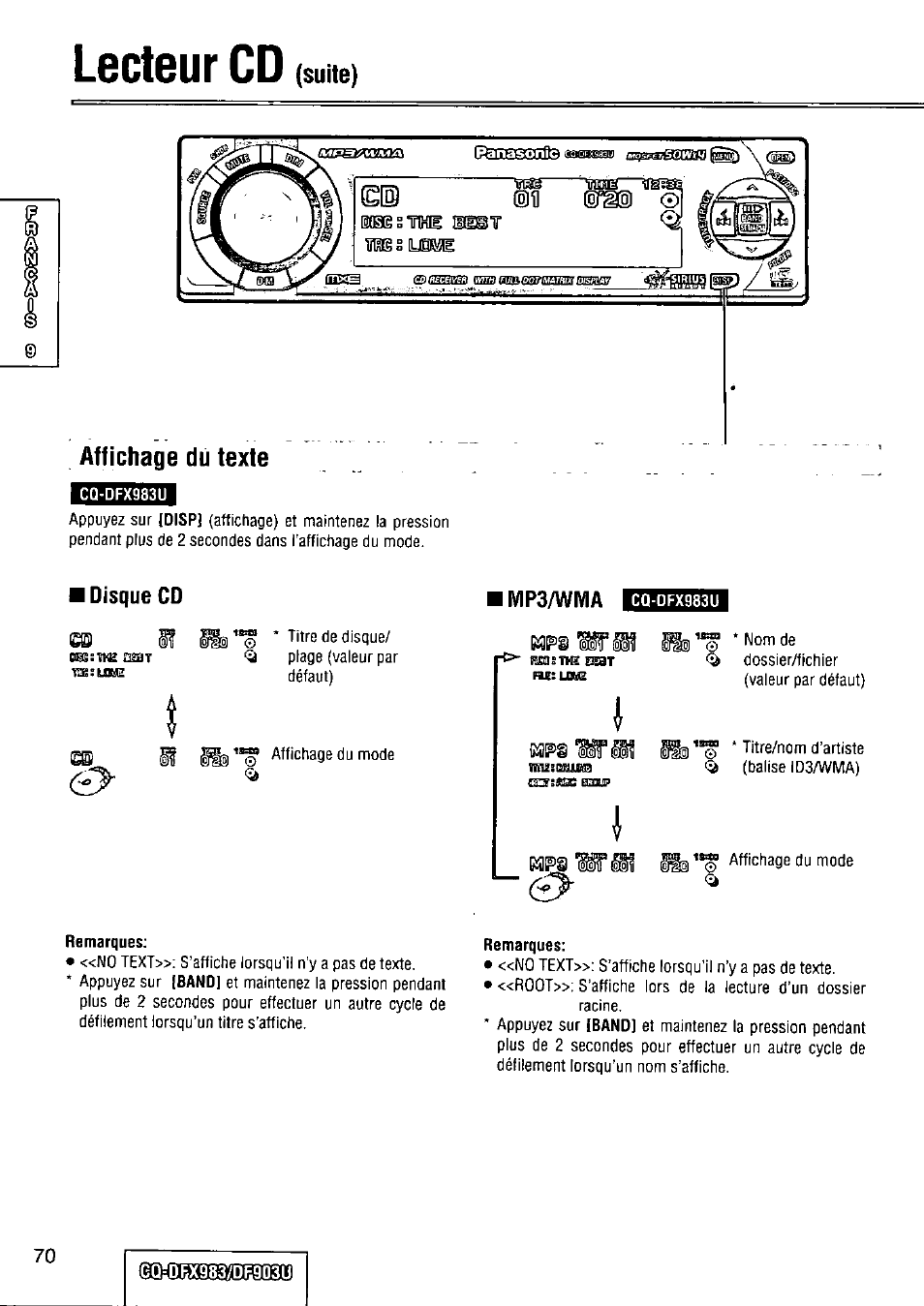 Affichage du texte, Lecteur cd | Panasonic Removable Full Front CD Player/Receiver with Dot Matrix and CD Changer Control CQ-DFX983U User Manual | Page 70 / 156