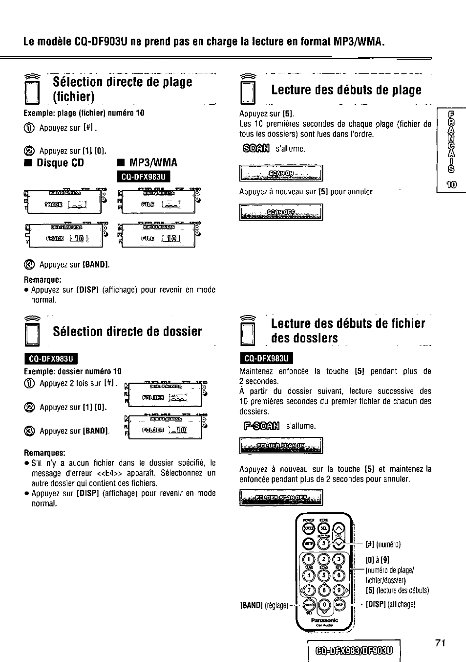 Sélection directe de plage (fichier), Lecture des débuts de plage, Sélection directe de dossier | C0-dfx983u, Remarques, Lecture des débuts de fichier des dossiers, Disque cd mp3/wma | Panasonic Removable Full Front CD Player/Receiver with Dot Matrix and CD Changer Control CQ-DFX983U User Manual | Page 71 / 156