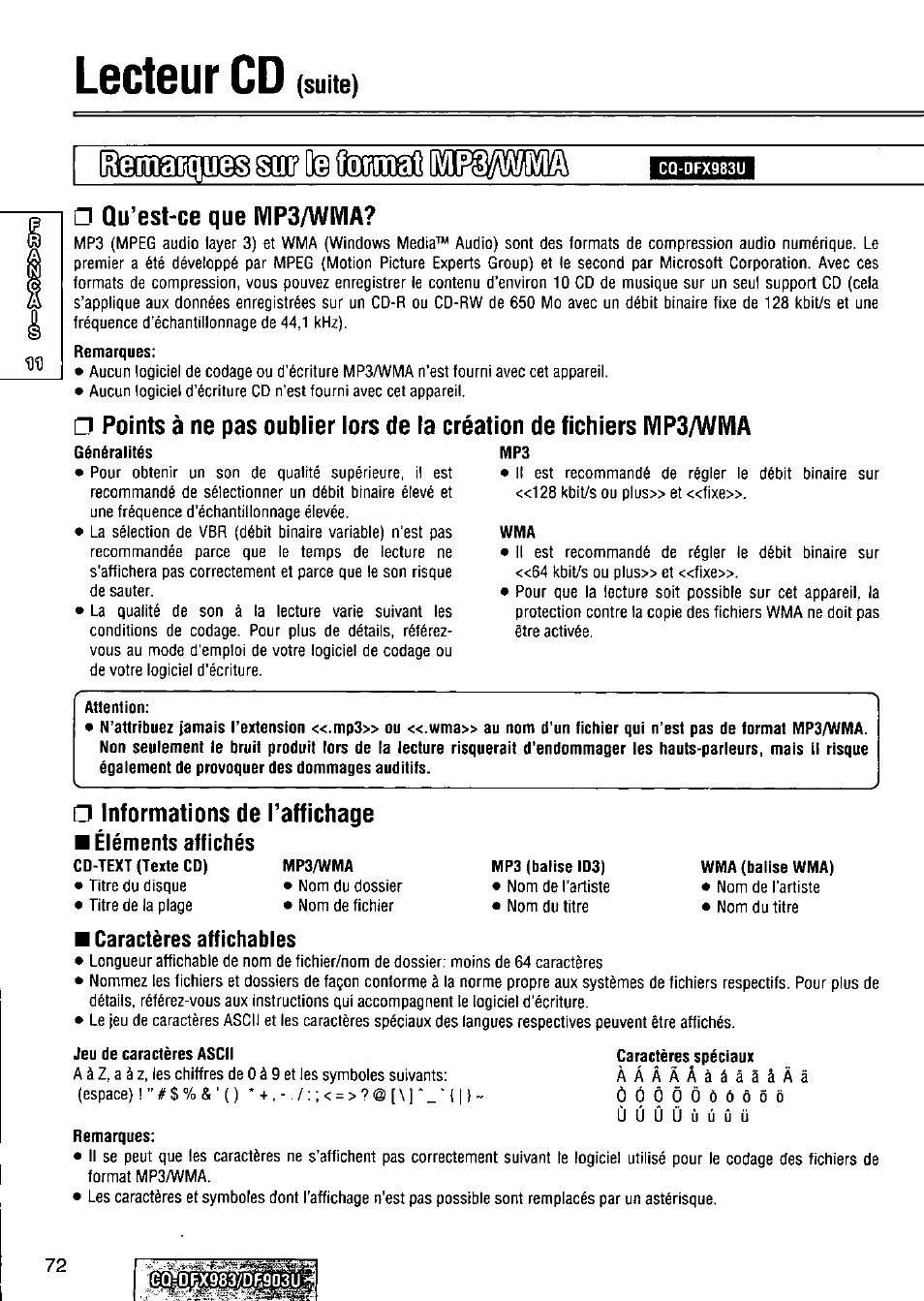 Cq-dfx983u, Qu’est-ce que mp3/wivia, Attention | Informations de i’affichage, Caractères spéciaux, Lecteur cd, Teaiwsg gm? d, Suite), Informations de i’affichage ■ éléments affichés, Caractères affichables | Panasonic Removable Full Front CD Player/Receiver with Dot Matrix and CD Changer Control CQ-DFX983U User Manual | Page 72 / 156