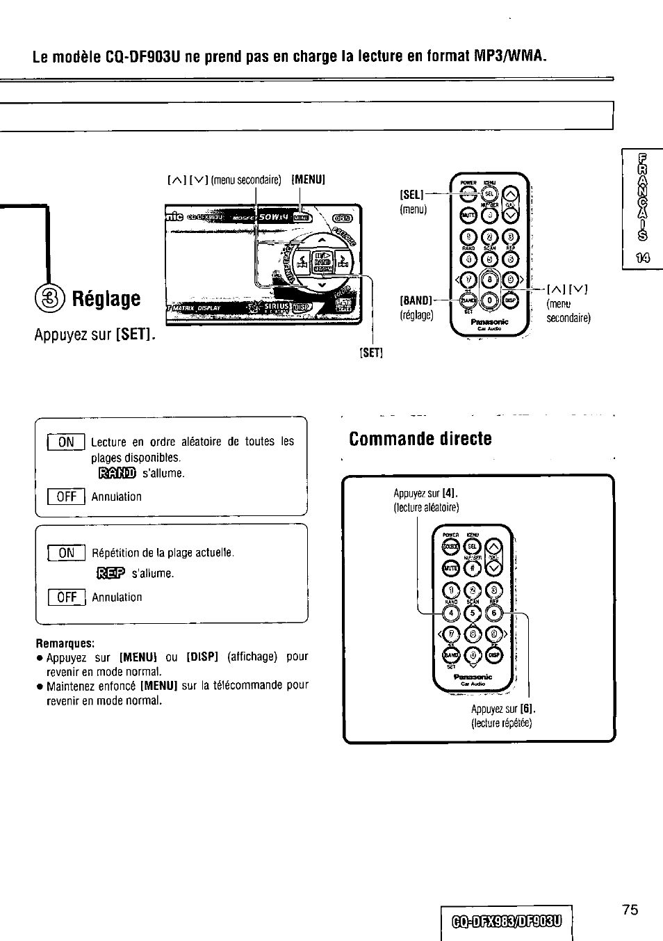 Réglage, Remarques | Panasonic Removable Full Front CD Player/Receiver with Dot Matrix and CD Changer Control CQ-DFX983U User Manual | Page 75 / 156