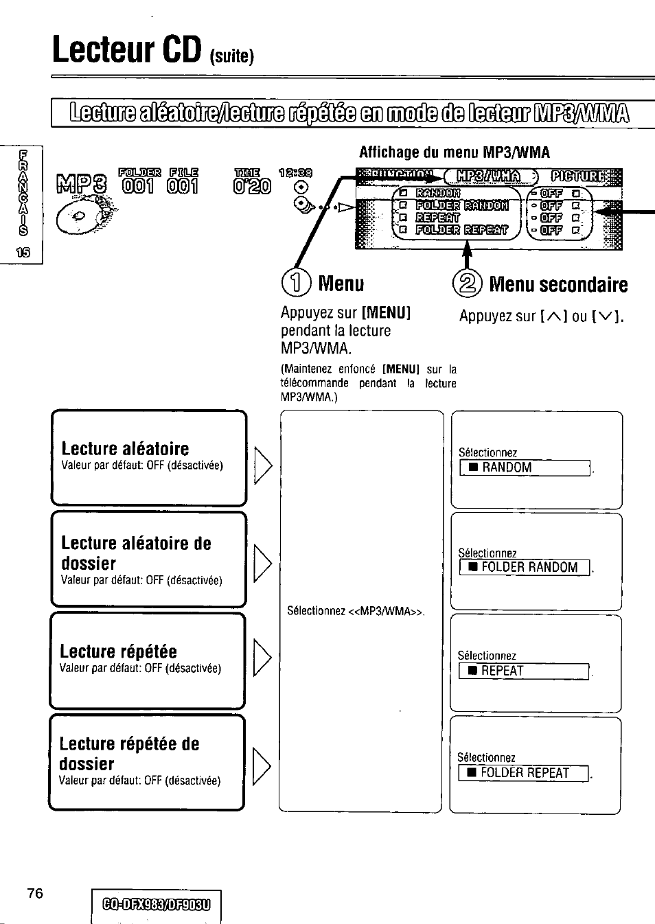 Menu secondaire, Lecteur cd, Imidis mm m 1 | I[j3 pbïujili sragtskfif | Panasonic Removable Full Front CD Player/Receiver with Dot Matrix and CD Changer Control CQ-DFX983U User Manual | Page 76 / 156
